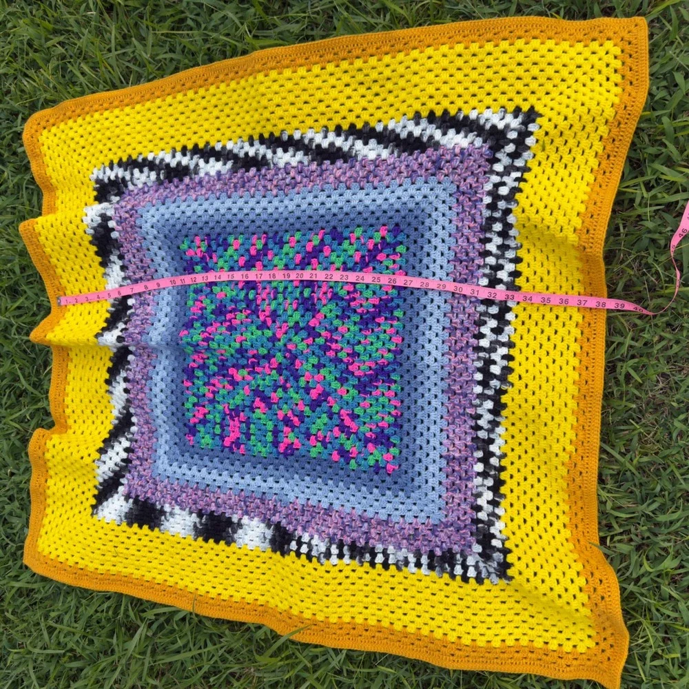 Handmade Crochet Granny Square Baby Blanket Yellow Blue Purple Boho 38x38